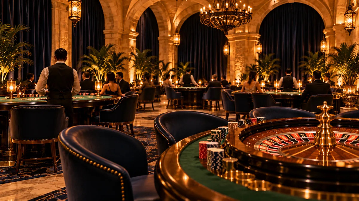 Table games in the windowless gaming hall of the Golden Harbor hotel casino