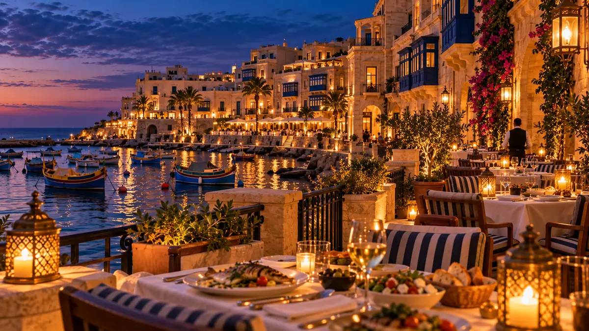Tables by the water at the Luzzu Kitchen of the Golden Harbor casino resort, with painted fishing boats in the bay